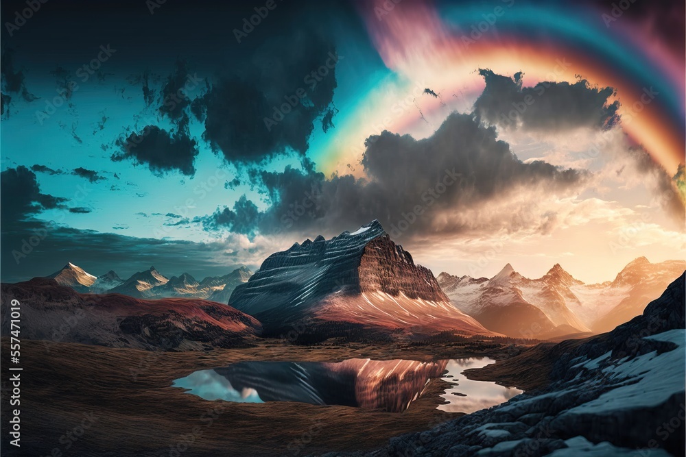 a rainbow is seen over a mountain range in the sky above a lake and a mountain range in the foreground.