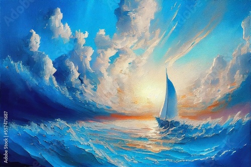 Fotografia sailboat boat at sunset on the ocean, oil paint thick epic blue sea waves, cloud