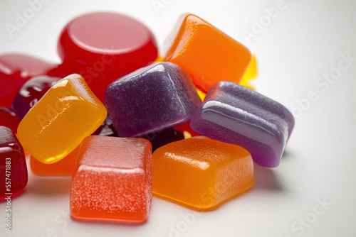 Multivitamin gummies in the colors of red, orange, and purple grouped together on a white backdrop. notion of a healthy lifestyle. Generative AI