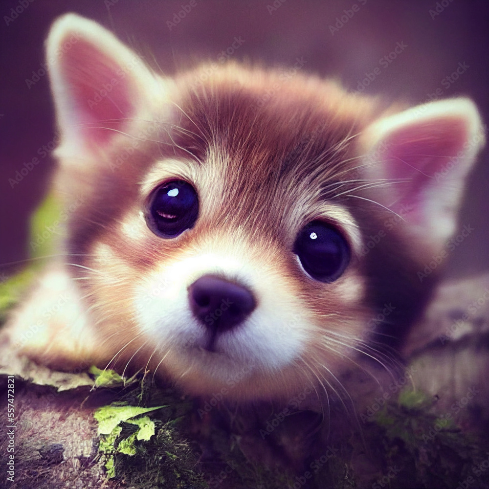 Cute baby wolf cub or puppy with big eyes looking at camera Stock