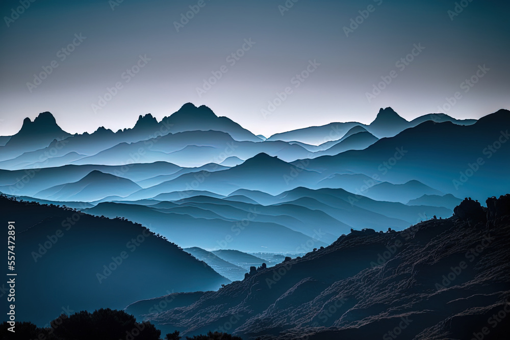 Mountains in silhouette against a misty blue sky on a bright day, lovely natural scene in Europe and Spain. Generative AI