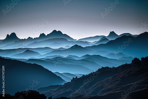 Mountains in silhouette against a misty blue sky on a bright day  lovely natural scene in Europe and Spain. Generative AI