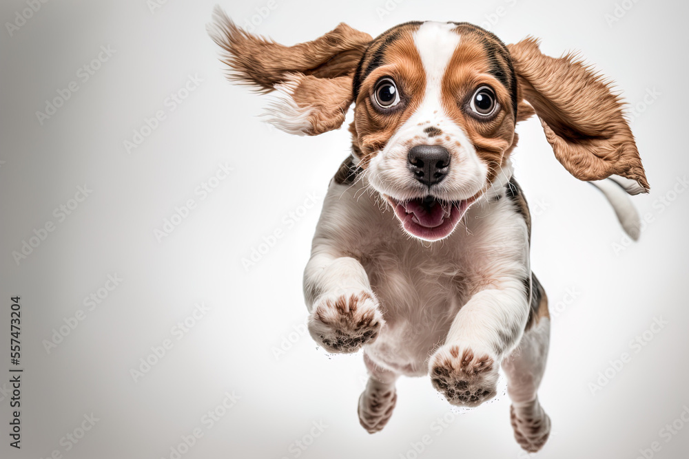White backdrop with funny, cheerful Beagle puppy having fun. Generative AI