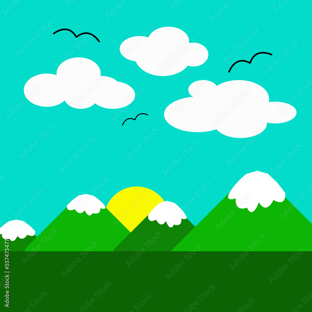 Drawing of a beautiful abstract landscape with mountains, sun, clouds and flying birds