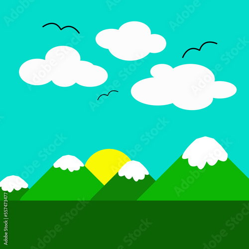 Drawing of a beautiful abstract landscape with mountains, sun, clouds and flying birds