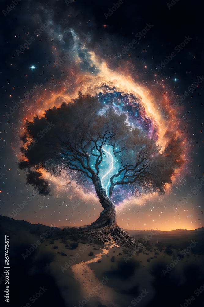 This beautiful illustration shows a tree standing among a night sky filled with stars and a distant galaxy. The scene is tranquil and peaceful, giving a sense of calm and serenity.