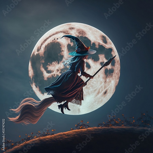 befana strega che vola sulla scopa sullo sfondo la luna piena photo