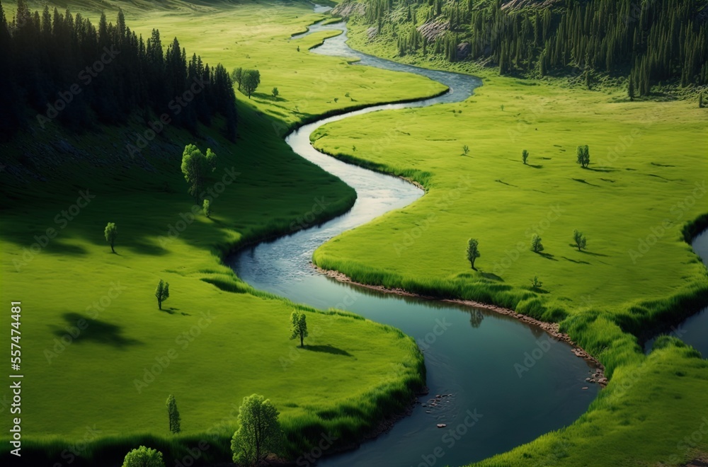 A river running through a lush green field. Landscape. Art. Generative AI.
