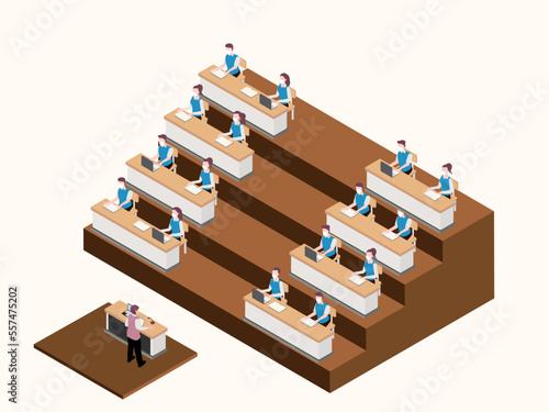 Students listening at teacher in the auditorium. Isometric vector concept