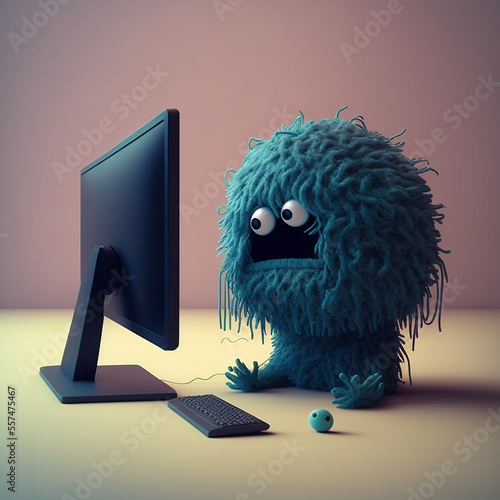 Sad monster in front of a computer, created with Generative AI technology. Fear of technology photo