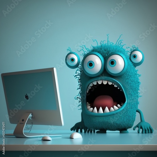 Shocked monster looking at the computer screen, created with Generative AI technology. Fear of technology photo