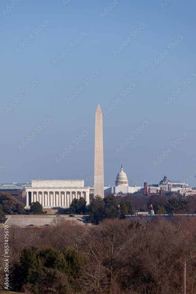 Washington monument, lincoln hall and capital building on DC skyline