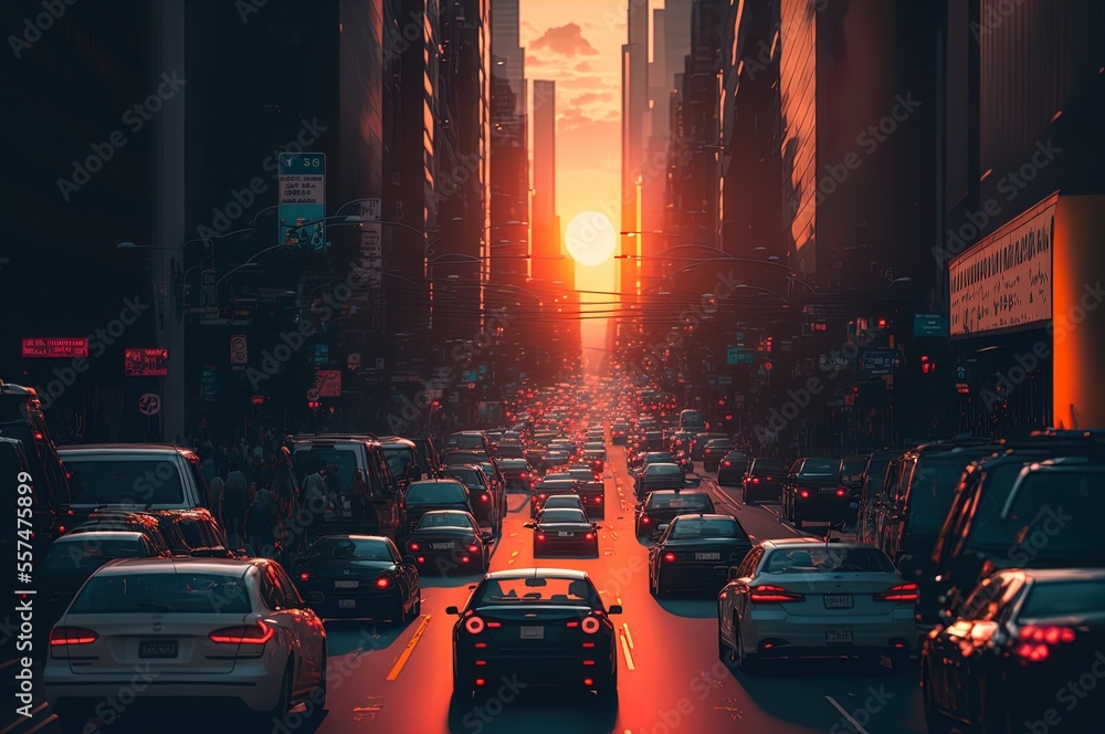 A city street filled with lots of traffic at sunset. Landscape. Art. Generative AI.