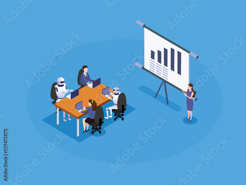 Robot and human working together in a business meeting