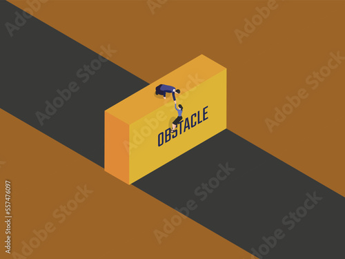 Business people work together to pass obstacle on the way