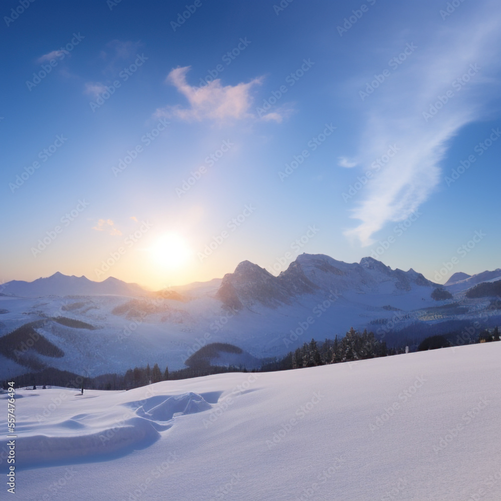 sunny sky over snow-covered mountains at dawn with fresh morning ski slope