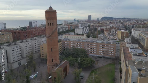 flying right past landmark Besos Water Tower in Poblenou Barcelona photo