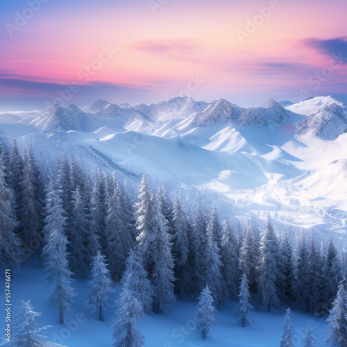 sunny sky over snow-covered mountains at dawn with fresh morning ski slope