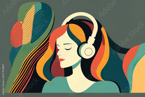 Young woman using headphones while listening to music, the radio, a podcast, or an audiobook Music enthusiast and meloman. Woman listening to her favorite music. featuring a female figure in a flat ve photo