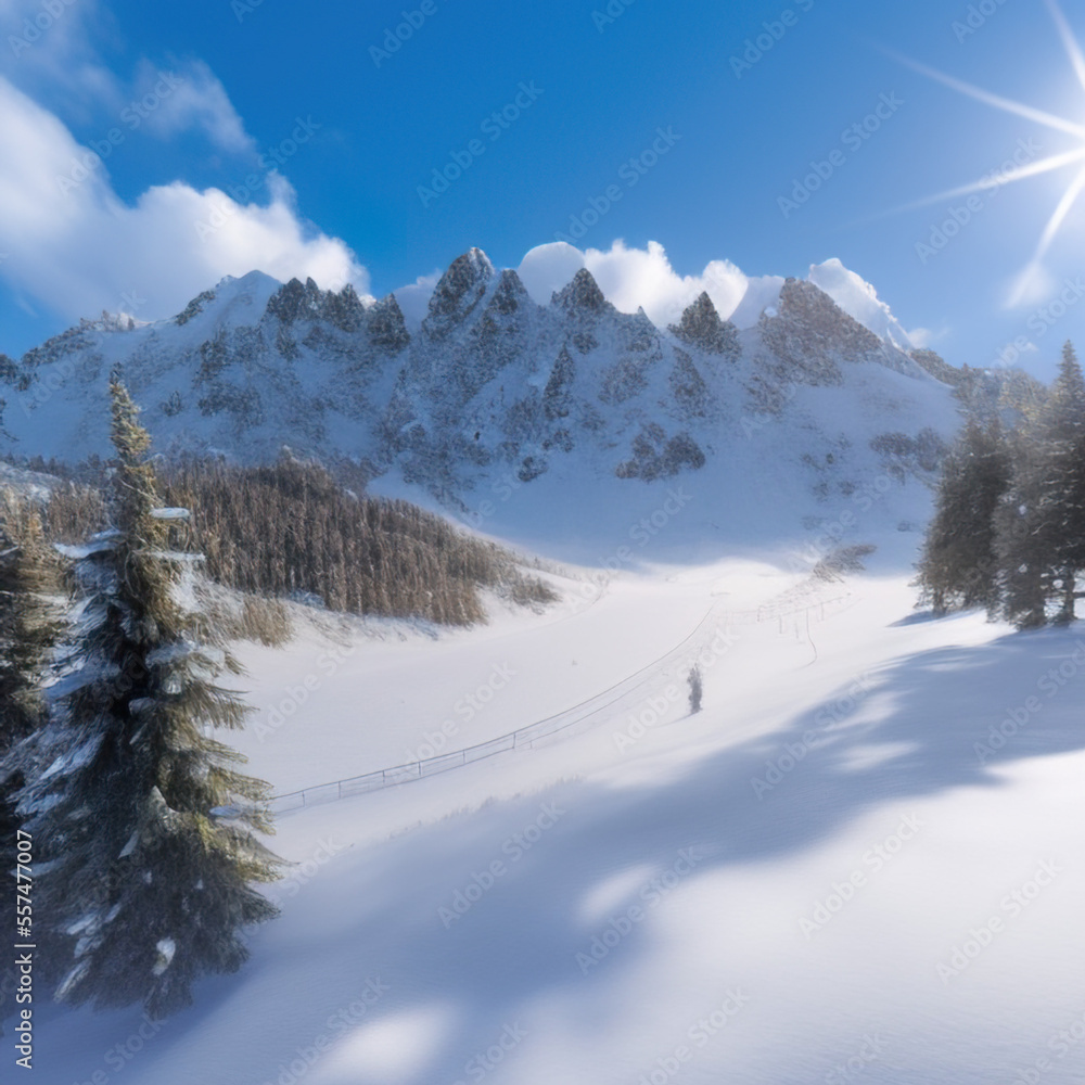 sunny sky over snow-covered mountains at dawn with fresh morning ski slope