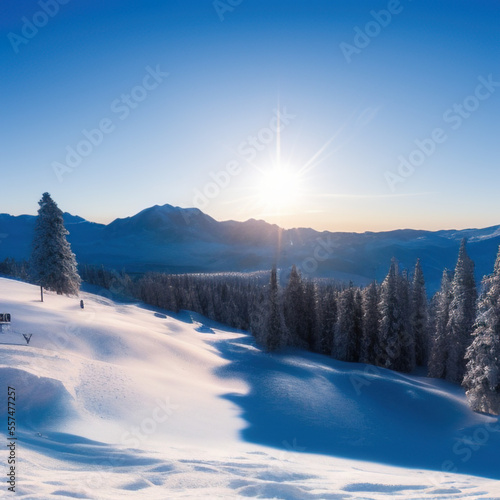 sunny sky over snow-covered mountains at dawn with fresh morning ski slope