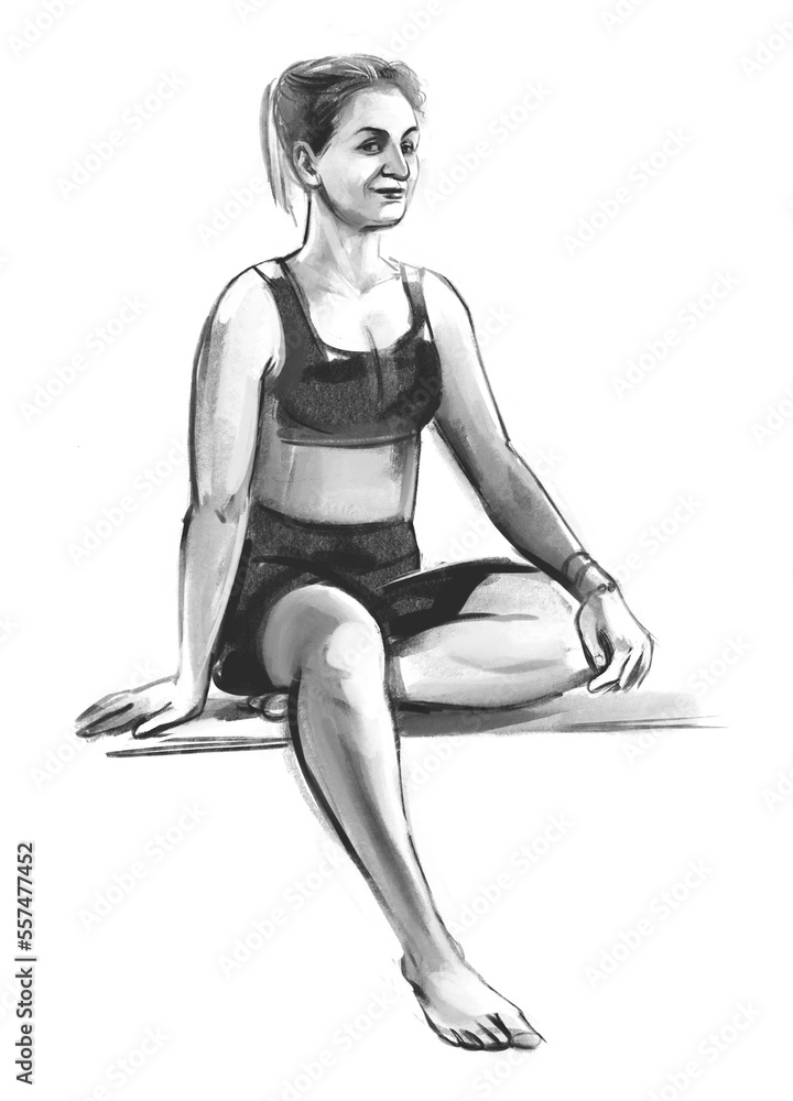 Outline sketch of the figure of a young woman from nature. Freehand drawing with pencil Outline sketch of the figure of a young woman from nature. Freehand drawing with pencil