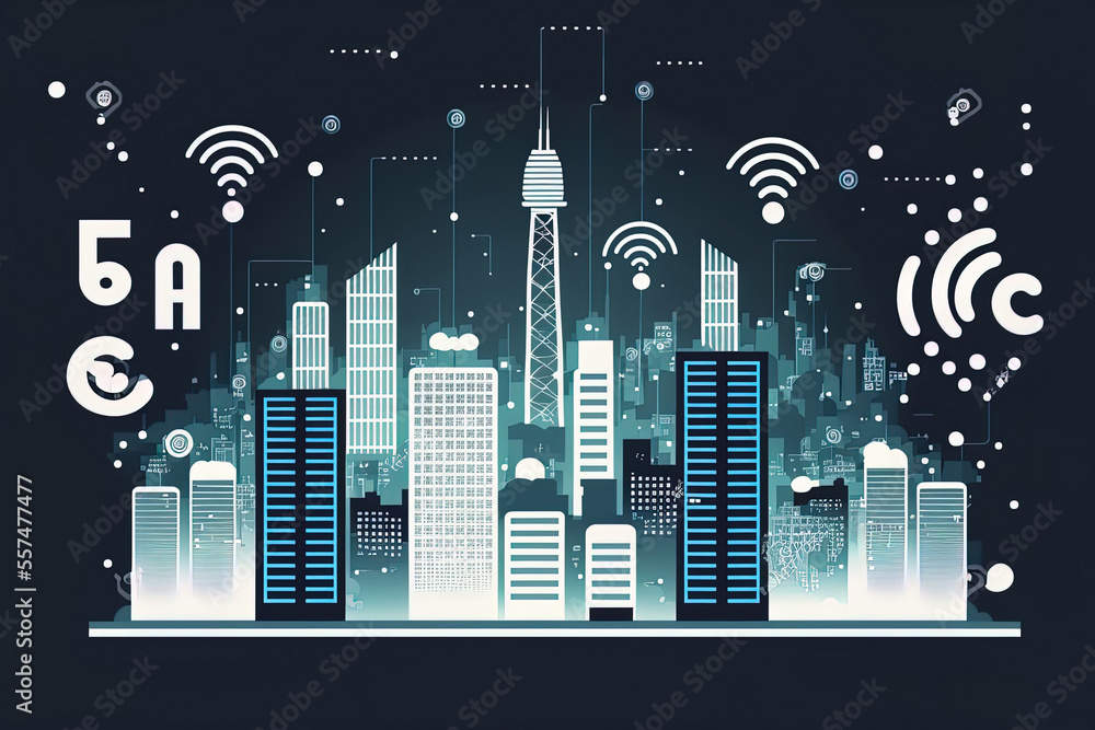 5G wireless network and the idea of a smart city. a flat nighttime metropolitan metropolis with symbols for connections, the internet of things, and the fifth generation wireless network. Generative