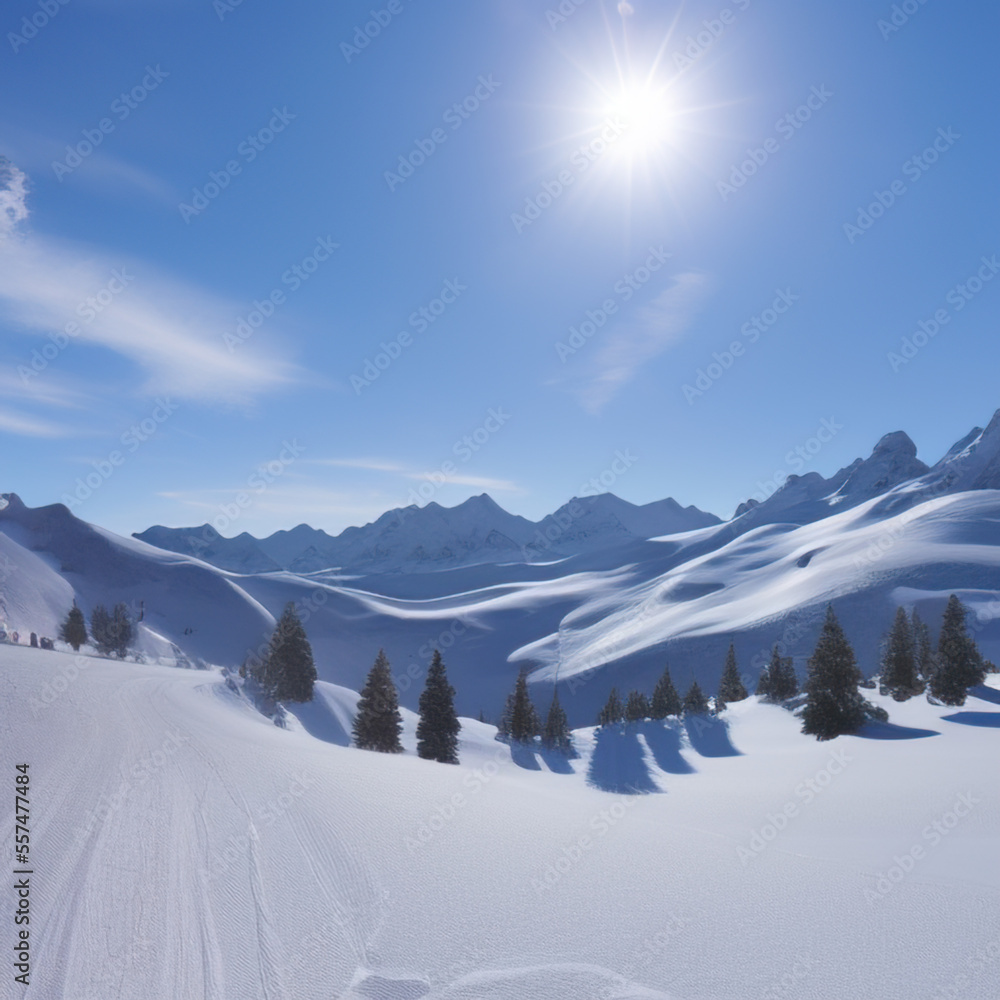 Fototapeta premium sunny sky over snow-covered mountains at dawn with fresh morning ski slope