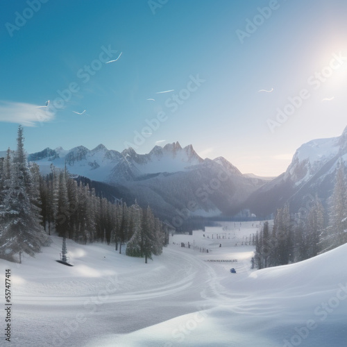 sunny sky over snow-covered mountains at dawn with fresh morning ski slope