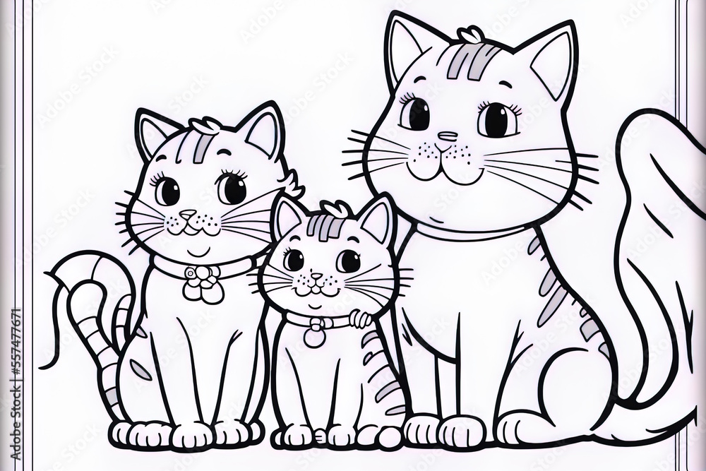 Family of cute cats coloring sheet. Generative AI
