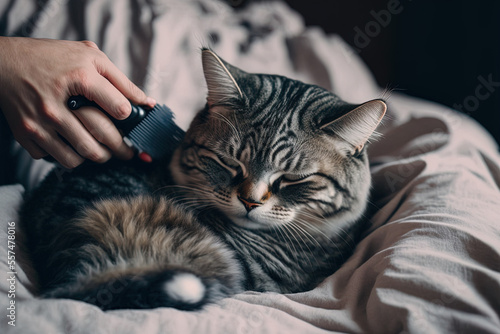 The woman's hand is on the bed next to the gray backdrop where the gray striped cat is sleeping. The hostess gives her cat a gentle brush on the hair. the connection between a human and a cat. selecti photo