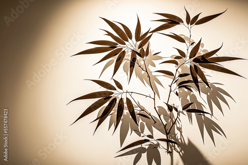 Stunning natural bamboo leaves casting a shadow on a blank beige wall. Tree  Branches  Sunlight  Background  Backdrop  Shade  Natural  Conceptual  Abstract  Light  Oriental. Generative AI