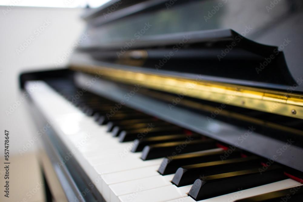 close up of a piano keyboard, side view close up of a piano keyboard, side view