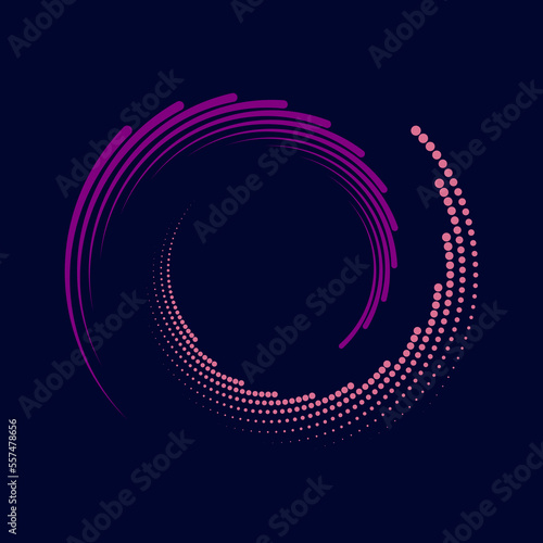 Pink and violet circular halftone dots and lines. Geometric art. Design element for border frame, round logo, blackout tattoo, sign, symbol, social media, prints, template, pattern and backdrop