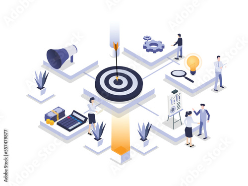 Businesspeople working together with a darts aiming at the target center business, Targeting the business concept.