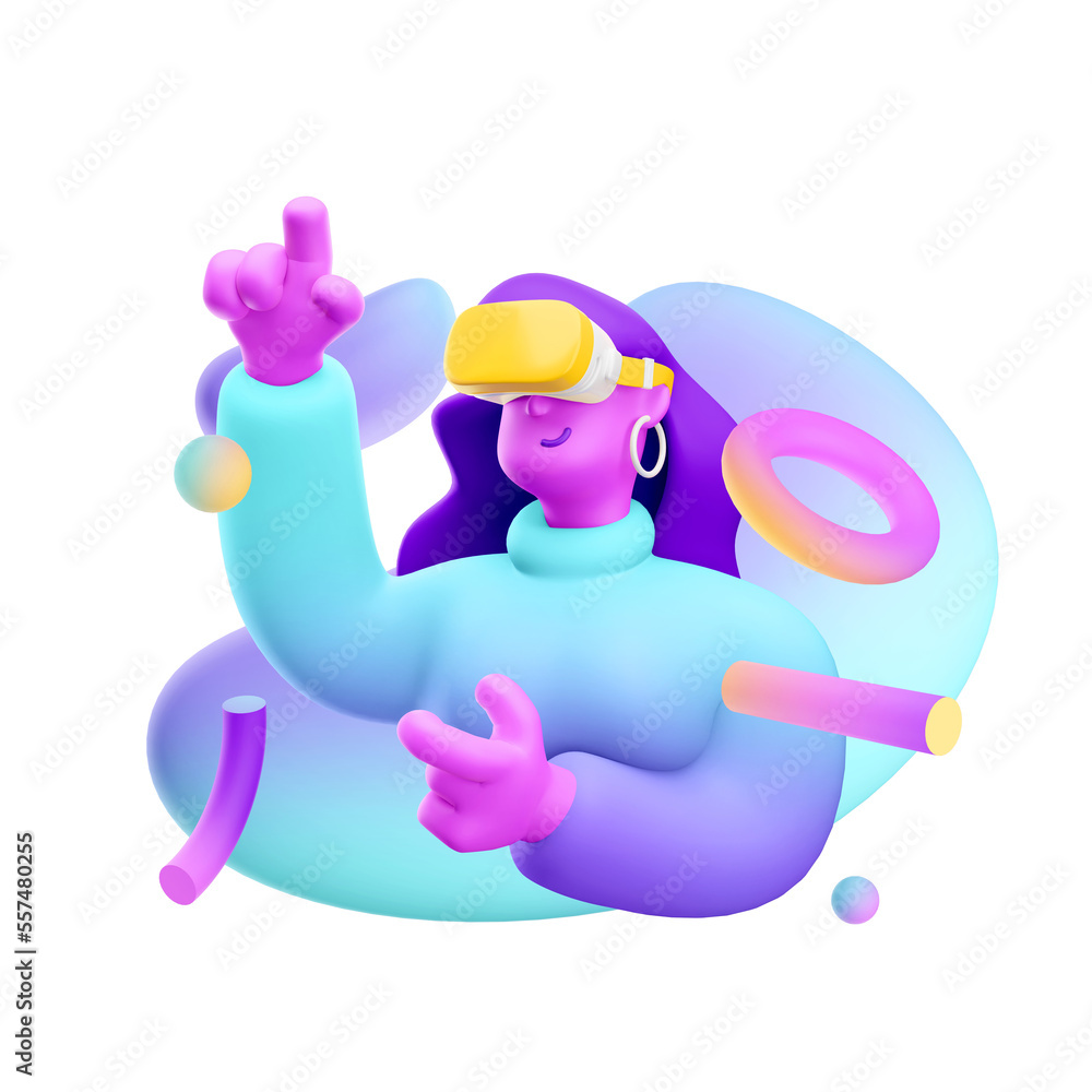 3d illustration. Cartoon girl 3d character with vr glasses. Virtual reality concept. 3d illustration. Cartoon girl 3d character with vr glasses. Virtual reality concept.