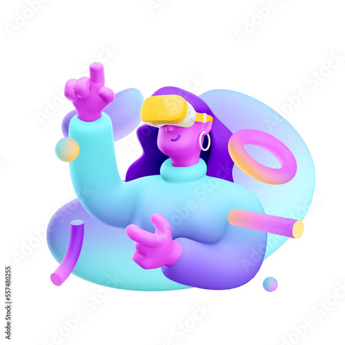 3d illustration. Cartoon girl 3d character with vr glasses. Virtual reality concept.