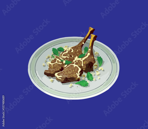 Baked pork knuckle with vegetables on a plate. Vector illustration of pork shank