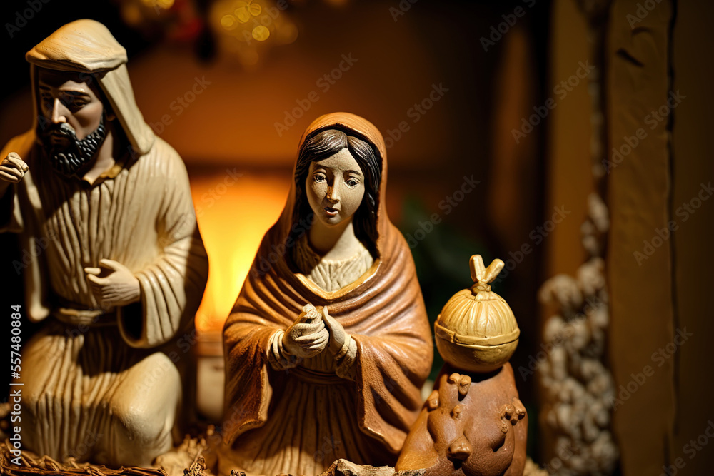 Christmas figurines of Jesus, Mary, and Joseph are displayed in a manger scene. Generative AI Christmas figurines of Jesus, Mary, and Joseph are displayed in a manger scene. Generative AI