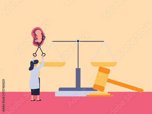 Abortion vector concept: Doctor aborting an embryo with gavel and justice scales background photo