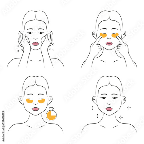 Eye patches applying icon vector. Face skincare under eye, treatment, spa procedure relaxation. Girl shows how to cleaning, use cosmetic eyes patches.