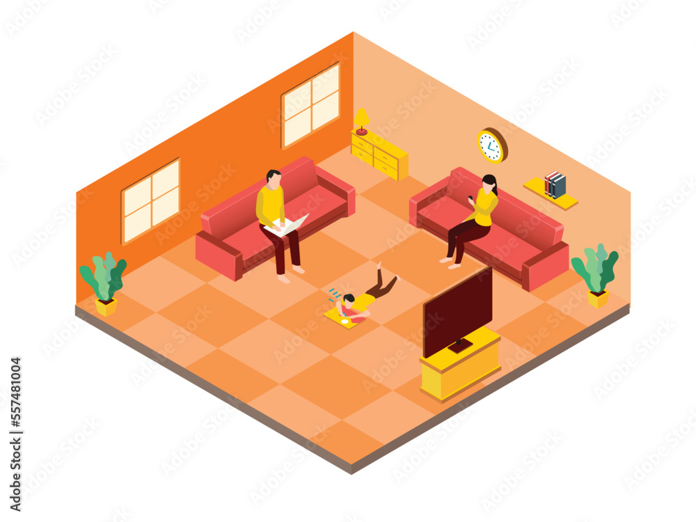 Isometric view of family enjoying leisure time in the living room