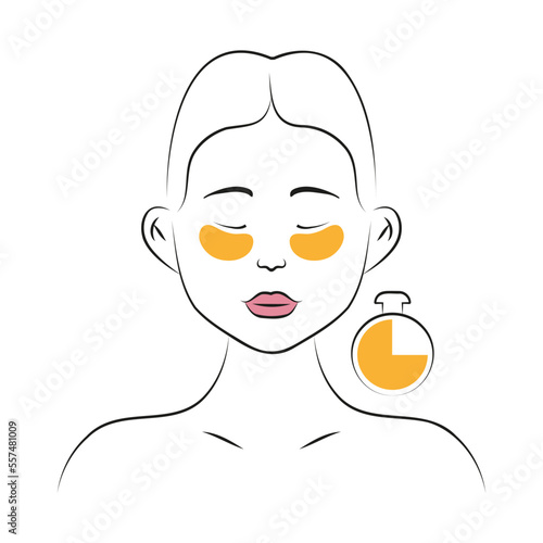 Eye patches applying icon vector. Face skincare under eye, treatment, spa procedure, lifting. Girl shows how to cleaning, use cosmetic eyes patches.