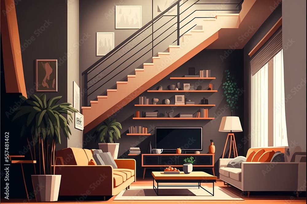 ﻿A living room with a staircase - Generative AI