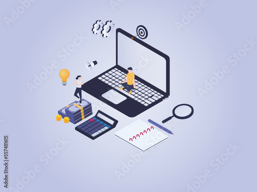 Man and woman meditating on money and laptop