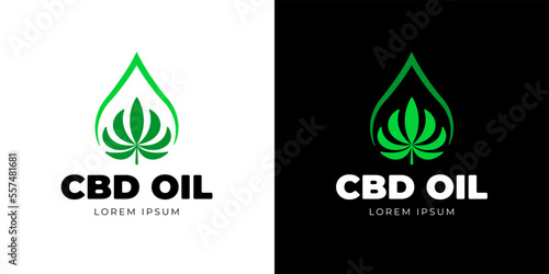 CBD hemp oil of medical cannabis logo concept. Marijuana leaf natural product extract linear logotype design template. Medicinal green cannabidiol herb outline emblem. Vector eps badge