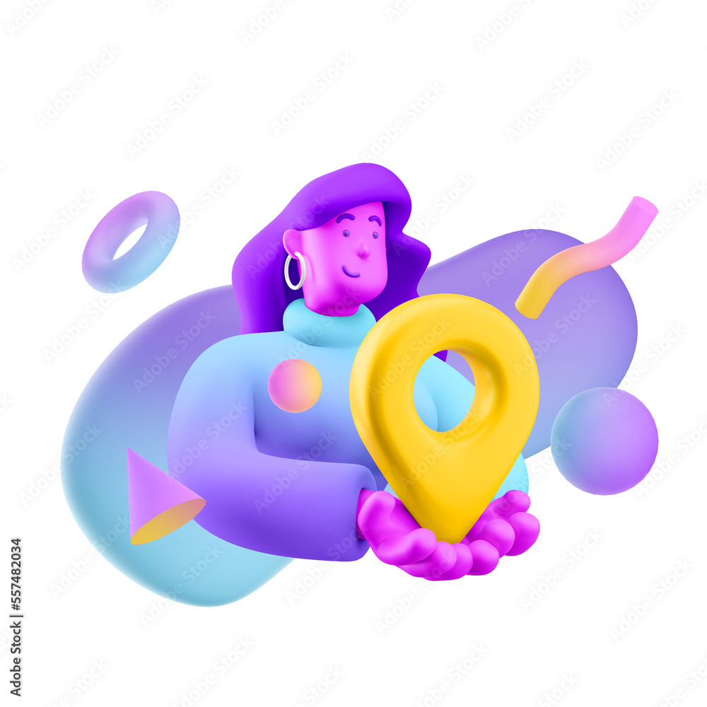 3d illustration. Cartoon girl 3d character with big pin sign. 3d illustration. Cartoon girl 3d character with big pin sign.