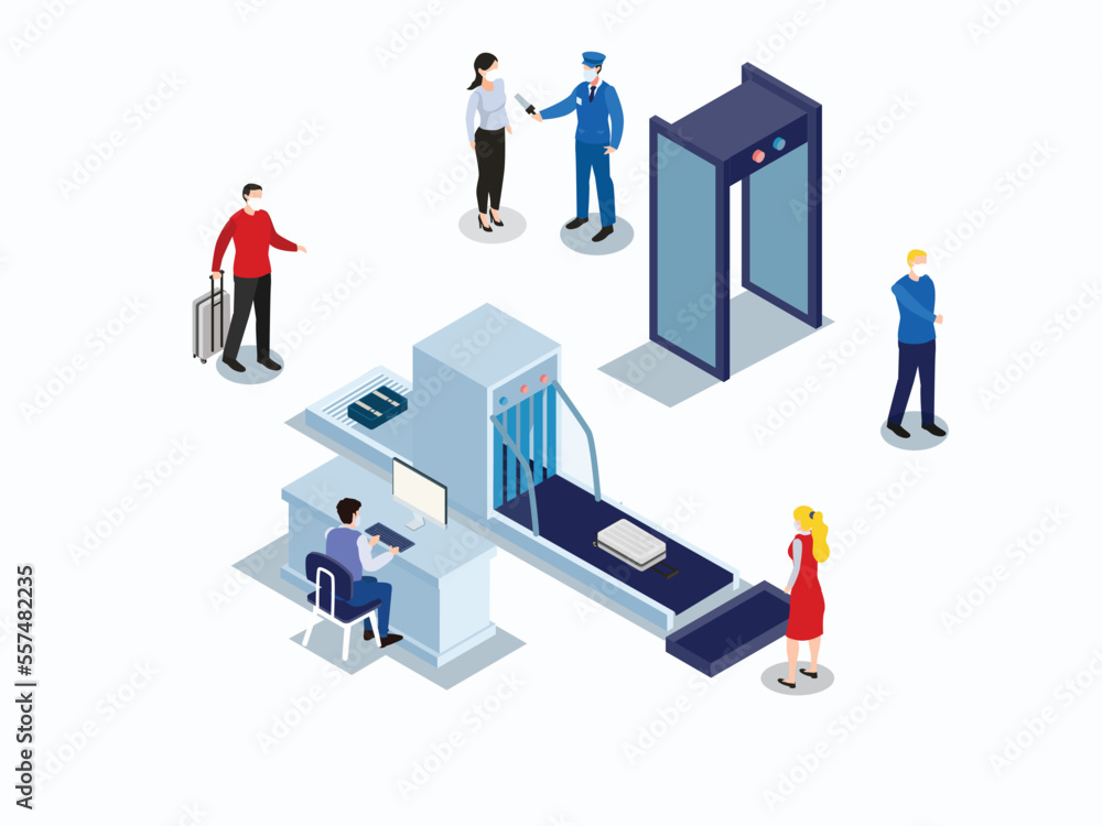 Passenger with luggage at airport security checkpoint gate in airport. Isometric vector concept Passenger with luggage at airport security checkpoint gate in airport. Isometric vector concept