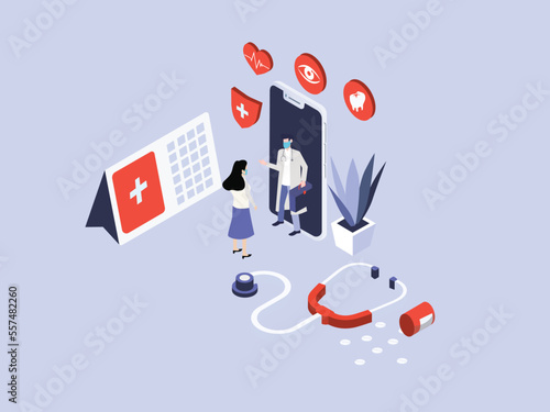 Female patient meeting a doctor online using a mobile phone technology. Isometric vector concept
