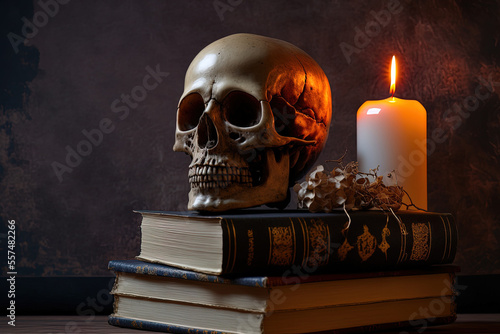 Unsettling image of a skull and a stack of books. Generative AI